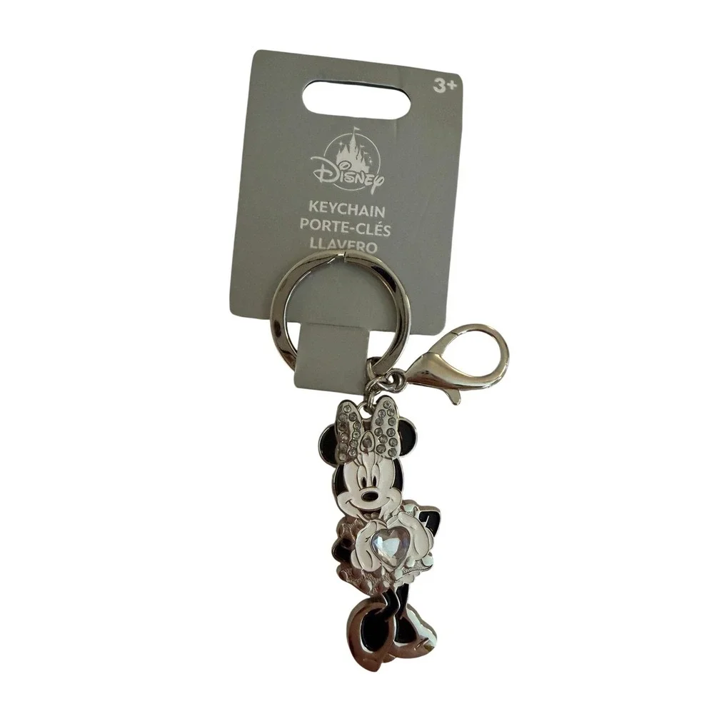 Disney Minnie Mouse Rhinestone Heart Keychain Silver Tone